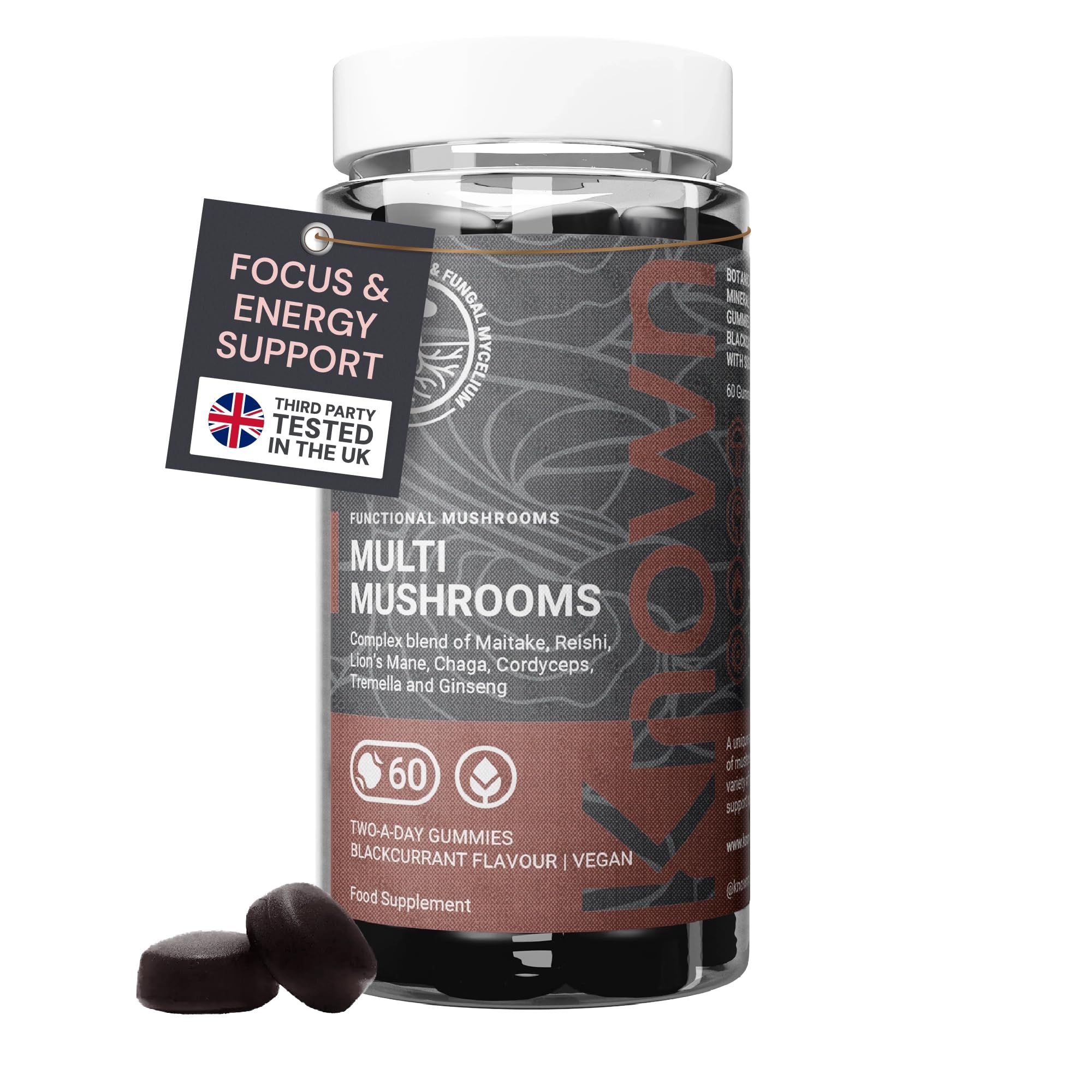 Bottle of Multi Mushroom Gummies, 60-count, blackcurrant flavour, one month supply
