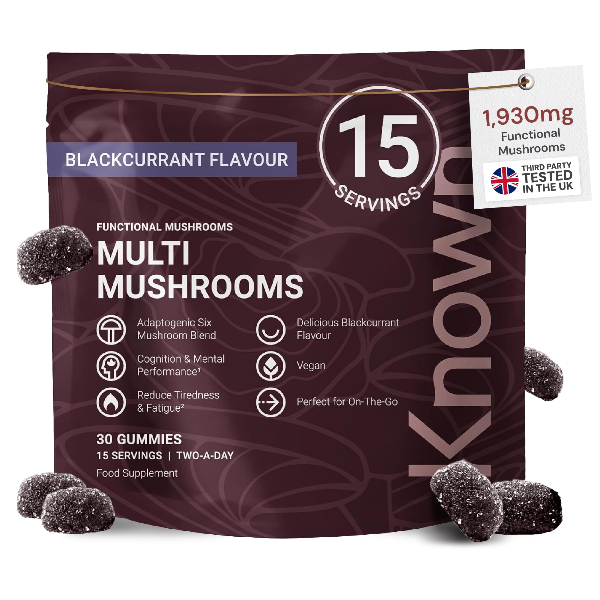 Resealable pouch of Multi Mushroom Gummies travel size, 30-count, two week supply, blackcurrant flavour