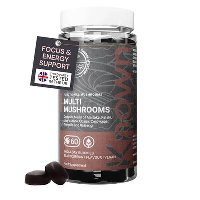 MycoRise Multi Mushroom Gummies bottle shown at an angle with two dark blackcurrant gummies beside it